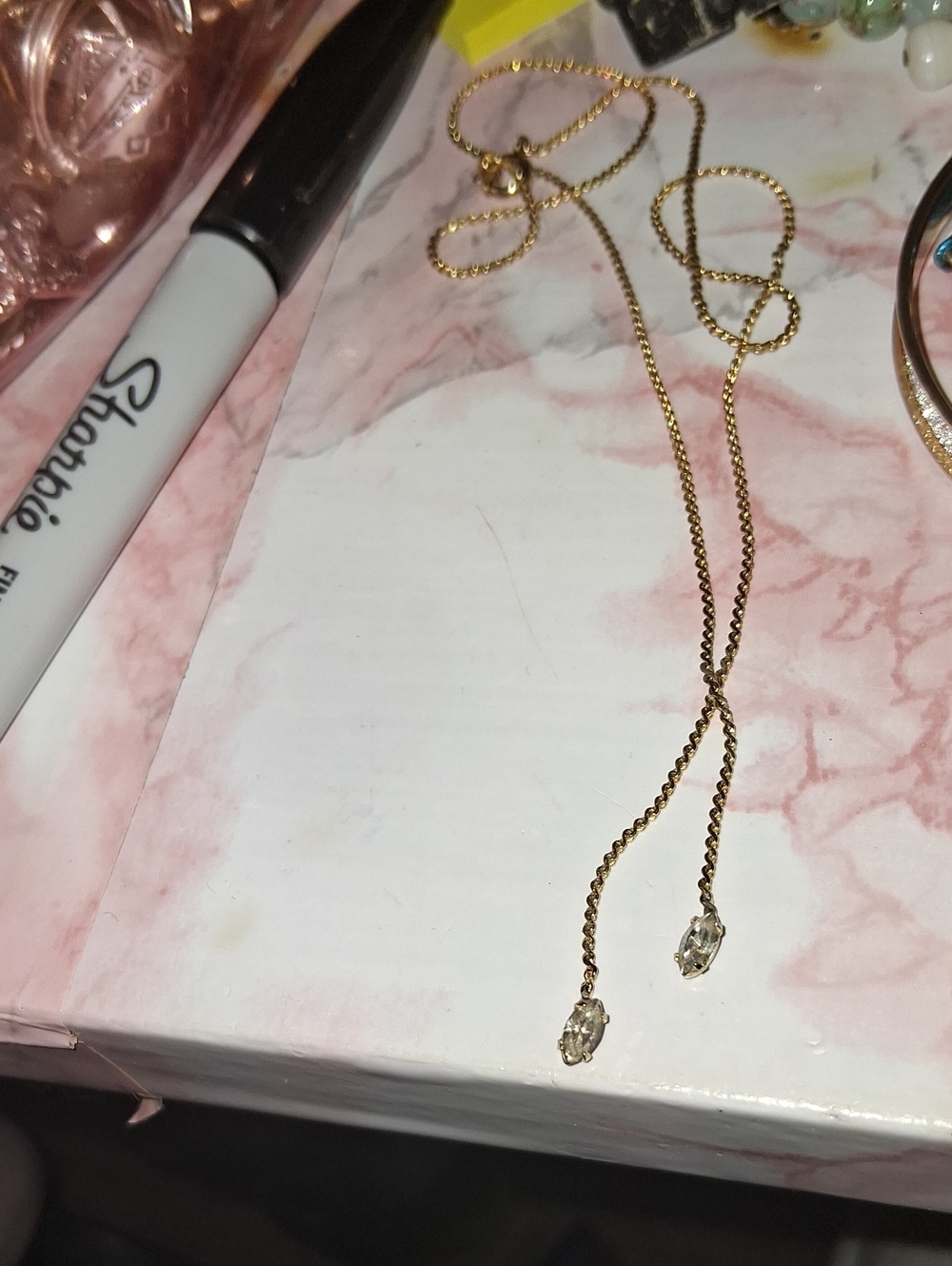 Gold Lariat Necklace with Clear Crystal Drops